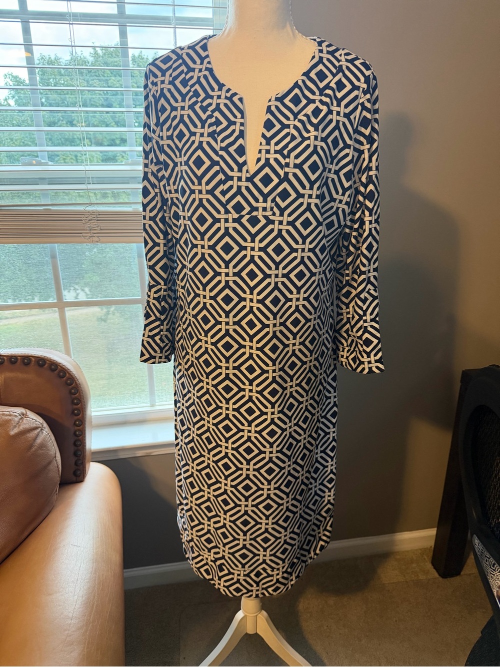 Jude Connally Navy and White Geometric Long-Sleeve Shift Dress